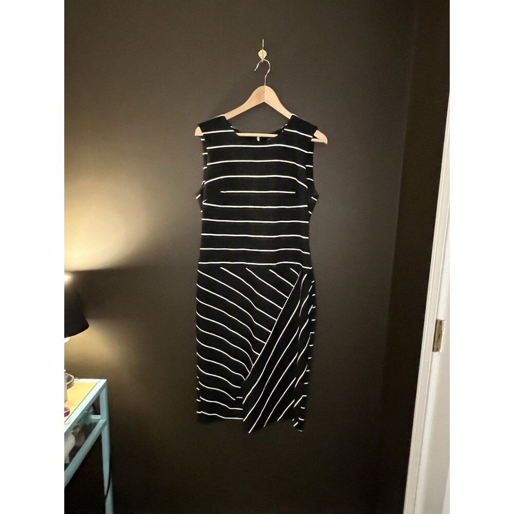 Calvin Klein Black White Striped Asymmetrical Midi Dress Sleeveless Stretch